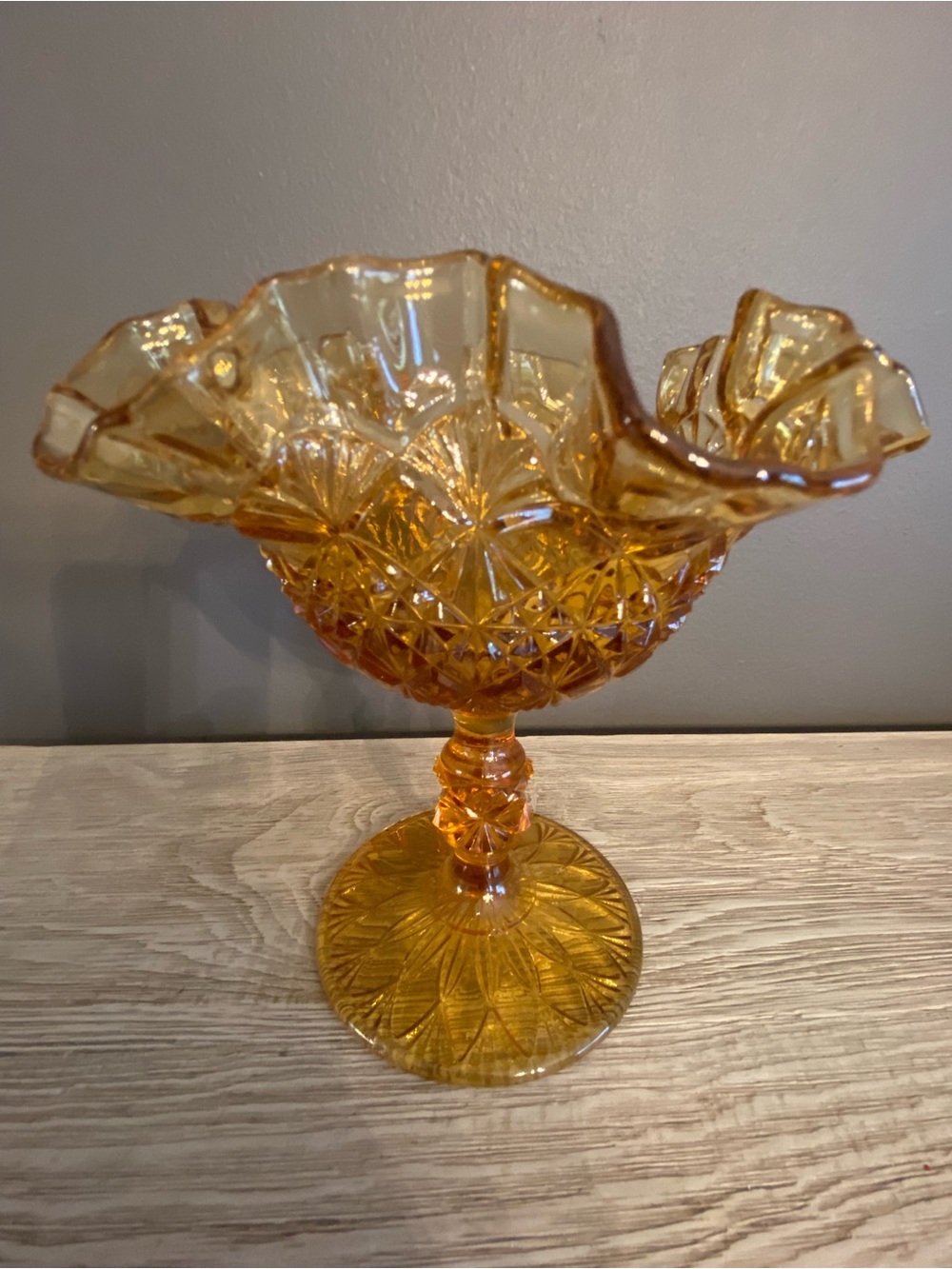 Vintage Fenton Style Amber Glass Pedestal Trinket Dish W/ Ruffled Rim 5” (read)